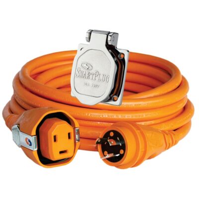 30 Amp Dual Configuration 50′ Cordset with Twist-Type Connection and Non-Metallic Inlet, Orange/Stainless