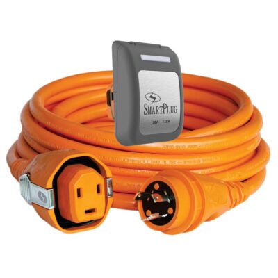 30 Amp Dual Configuration 50′ Cordset with Twist-Type Connection and Non-Metallic Inlet, Orange/Gray