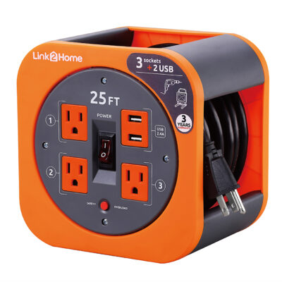 Link2Home Cord Reel 25′ Extension Cord with 3 Power Outlets and 2 USB Ports