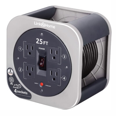 Link2Home Cord Reel 25′ Extension Cord with 4 Power Outlets, Gray