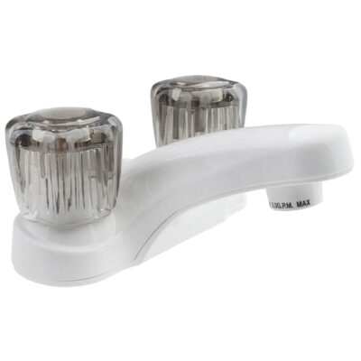 Dura Faucet RV Lavatory Faucet with Smoked Acrylic Knobs, White