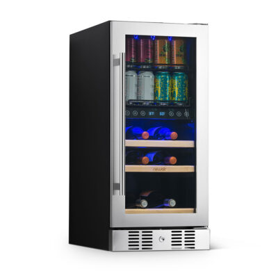 NewAir 15″ Premium Built-In Dual Zone 9 Bottle/48 Can Wine and Beverage Fridge, Stainless Steel