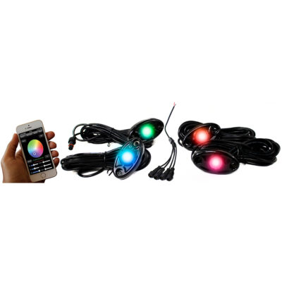 4-LED Glow Pod Black Kit Smartphone Controlled with Brain Box IP68 12V with All Hardware, RGB Multi Color with Black Rock Light Housings