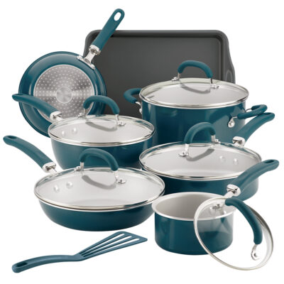 Create Delicious 13 Piece Enameled Aluminum Cookware, Teal Shimmer