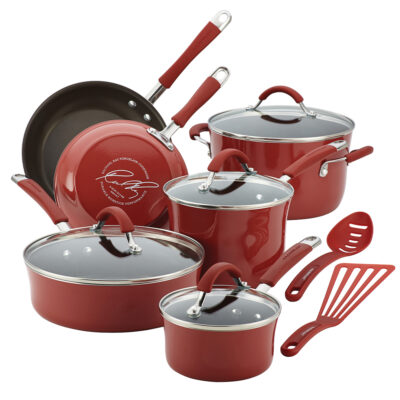 Rachael Ray Cucina 12-Piece Porcelain Cookware Set, Cranberry Red