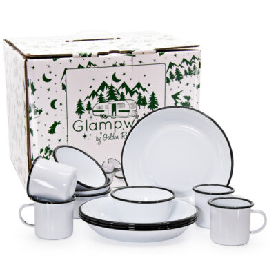 Enamelware 12-piece Dinnerware Set, Rolled Black Rim