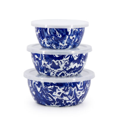 Enamelware Nesting Bowls, Cobalt Swirl