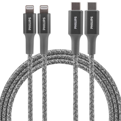 Philips 3′ USB-C to Lightning Cable, Gray, 2-Pack