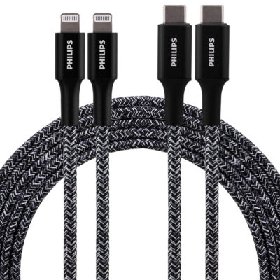 Philips 6′ USB-C to Lightning Cable, Black, 2-Pack