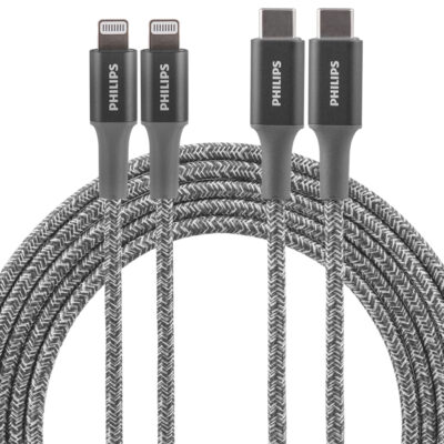 Philips 6′ USB-C to Lightning Cable, Gray, 2-Pack